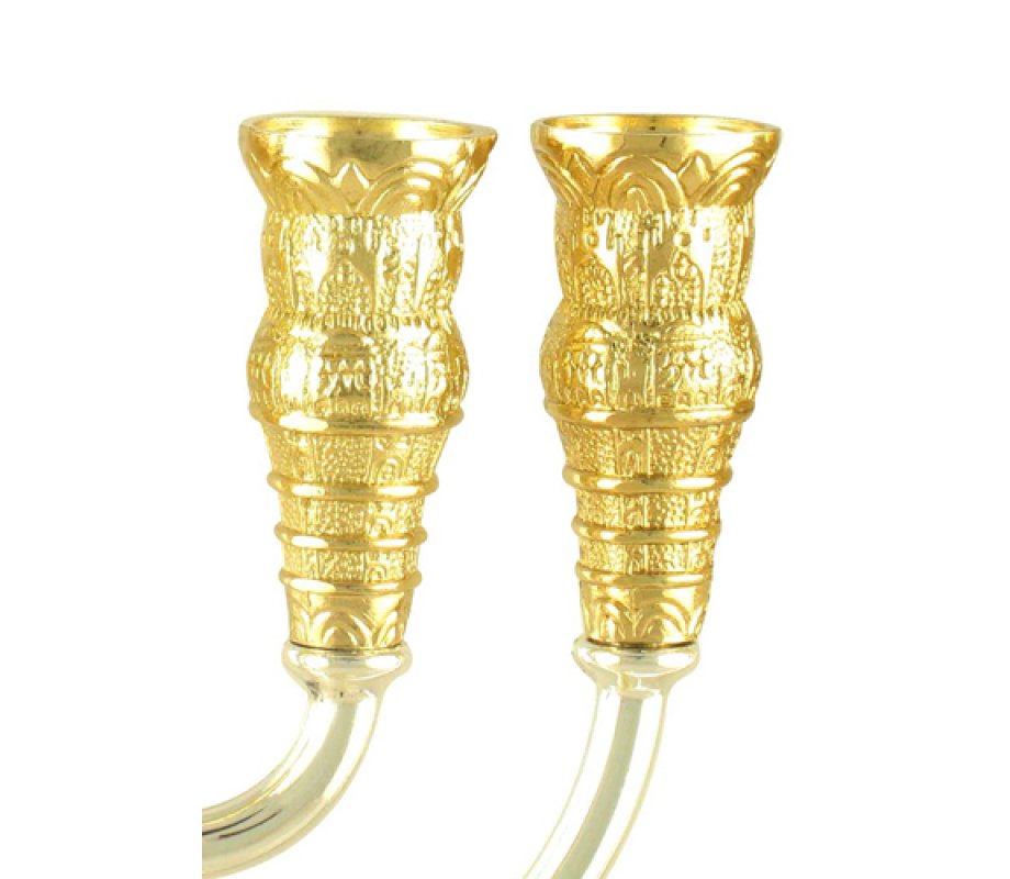 7 Branch Menorah, Two Tone Gold and Silver with Jerusalem Images – Height 8.6”