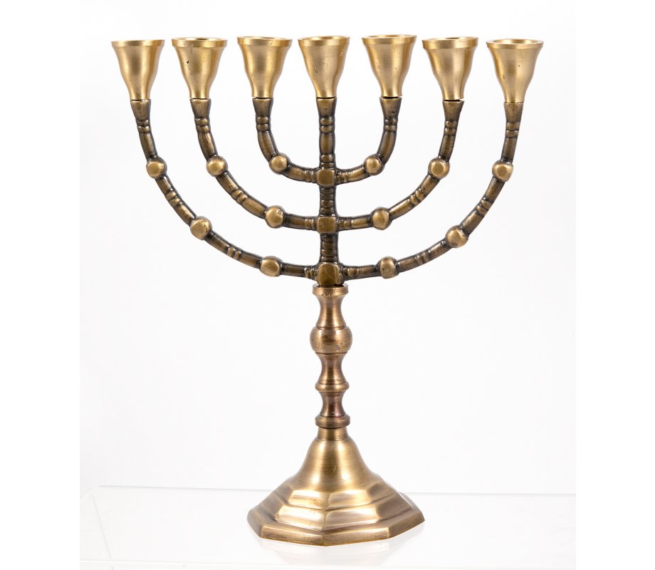 7-Branch Menorah, Dark Gold Brass with Antique Look - Choice 10