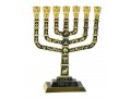 7-Branch Menorah, Dark Green and Gold with Judaic Motifs & Jerusalem Images - 9.5