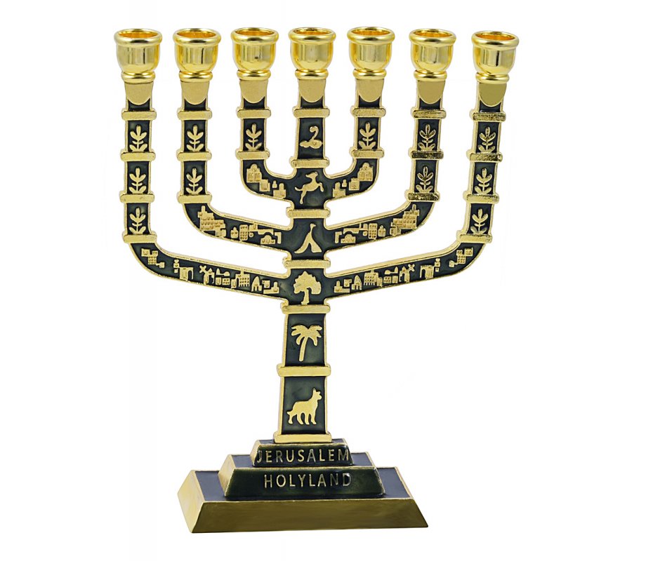 7-Branch Menorah, Dark Green and Gold with Judaic Motifs & Jerusalem Images - 9.5”