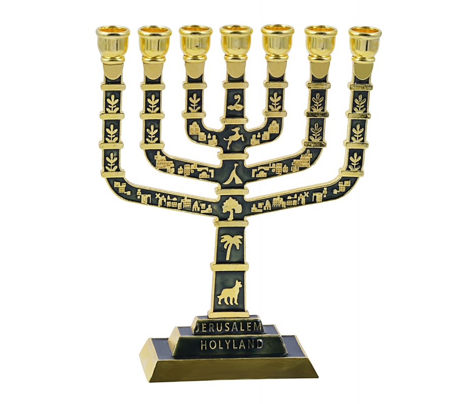 7-Branch Menorah, Dark Green and Gold with Judaic Motifs & Jerusalem Images - 9.5”