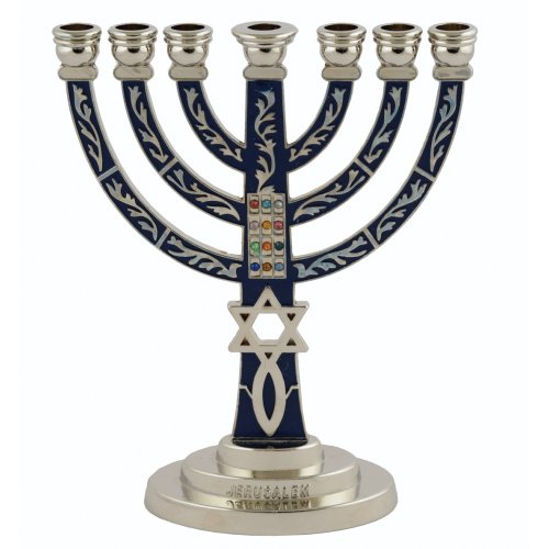 7-Branch Menorah with Fish Symbol Star of David and Breastplate, Blue & Silver.