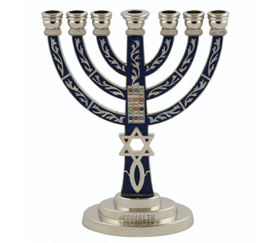 7-Branch Menorah with Fish Symbol Star of David and Breastplate, Blue & Silver.