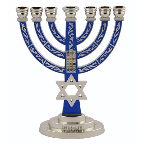 7-Branch Menorah with Star of David and Breastplate, Dark Blue on Silver  5.2 Inches