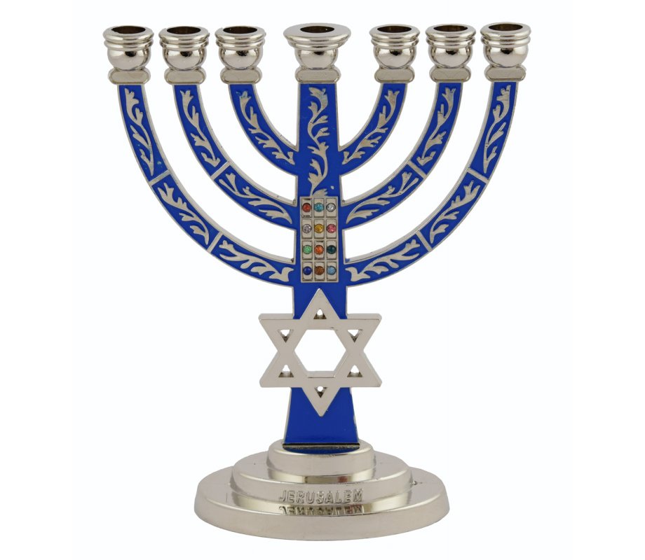 7-Branch Menorah with Star of David and Breastplate, Dark Blue on Silver – 5.2 Inches