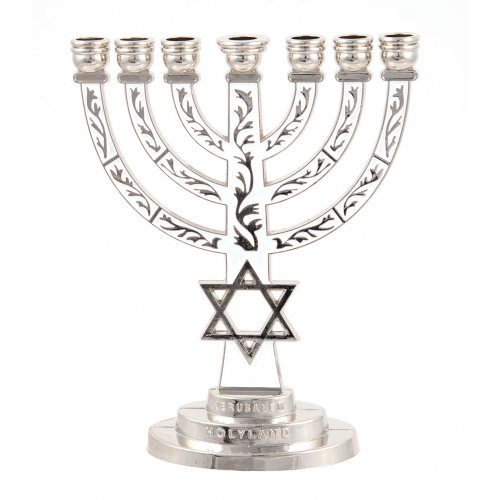 7-Branch Menorah with Star of David and Breastplate, White on Silver  5.2 Inches