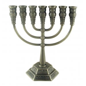 Seven Branch Pewter Menorah, Jerusalem Images - Choose 8.6" or 5.3" Height