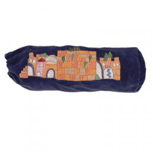 Navy Velvet Pouch for Rams Horn Shofar, View of Jerusalem - Yair Emanuel