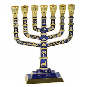 7-Branch Menorah with Gold Jerusalem Images and Judaica Motifs on Dark Blue - 9.5