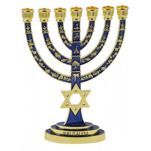 Seven Branch Menorah, Gold with Blue Enamel Judaic Symbols and Star of David - 9.5