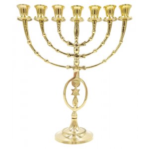 Grafted In Design with Menorah on Stem of Gold Brass Seven Branch Menorah -12"