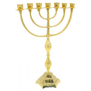 Gleaming Seven Branch Menorah, Decorative Gold Brass  16"