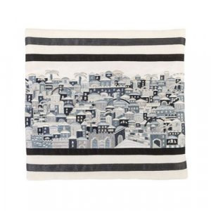 Yair Emanuel Embroidered Prayer Shawl Bag, Panoramic Jerusalem - Black and Gray