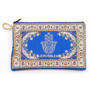 Embroidered Fabric Purse, Choice of Sizes  Blue Hamsa with Oriental Design