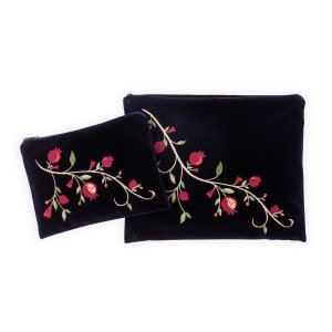 Navy Velvet Prayer Shawl Bag Set, Red and Gold Pomegranates - Ronit Gur