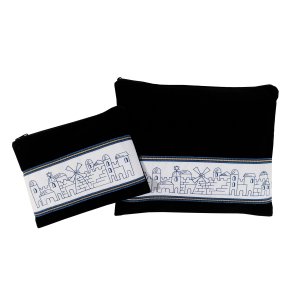 Navy Velvet Prayer Shawl Bag Set, Embroidered Blue Jerusalem - Ronit Gur