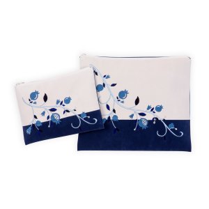 Impala Prayer Shawl Bag Set Off-White and Blue, Blue Pomegranates - Ronit Gur