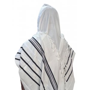 Acrylic Non-Slip Prayer Shawl, Checkerboard Textured Weave - Black and Silver Stripes