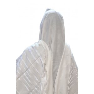 Acrylic Non-Slip Prayer Shawl, Checkerboard Textured Weave  White and Silver Stripes