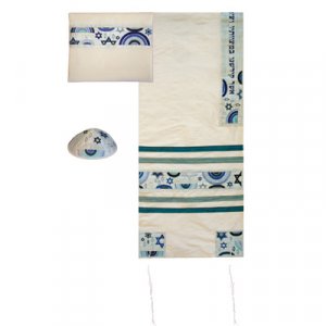 White Polysilk Prayer Shawl Set Embroidered Blue Judaica Symbols - Yair Emanuel