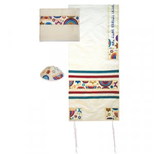 Polysilk White Prayer Shawl Set Embroidered Colored Judaic Symbols - Yair Emanuel