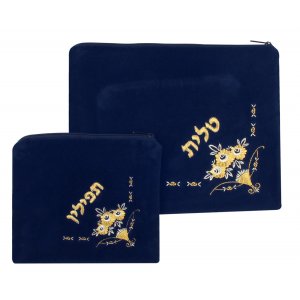 Velvet Prayer Shawl and Tefillin Bag Set with Gold Silver Bouquet Design - Navy Blue