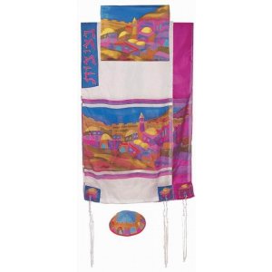 Silk Prayer Shawl Set with Hand Painted Colorful Jerusalem Views - Yair Emanuel