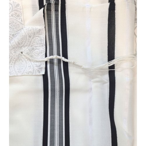 Acrylic Non-Slip Prayer Shawl, Checkerboard Textured Weave - Black and Silver Stripes