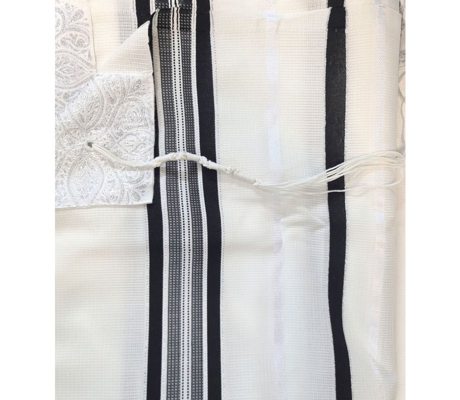 Acrylic Non-Slip Prayer Shawl, Checkerboard Textured Weave - Black and Silver Stripes