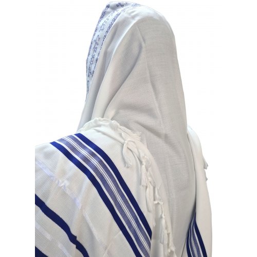 Acrylic Non-Slip Prayer Shawl, Checkerboard Textured Weave - Blue and Silver Stripes