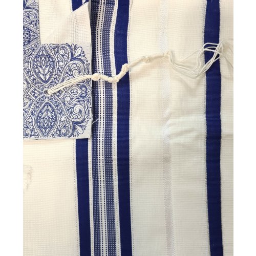 Acrylic Non-Slip Prayer Shawl, Checkerboard Textured Weave - Blue and Silver Stripes