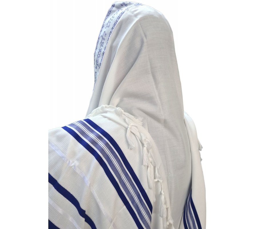 Acrylic Non-Slip Prayer Shawl, Checkerboard Textured Weave - Blue and Silver Stripes