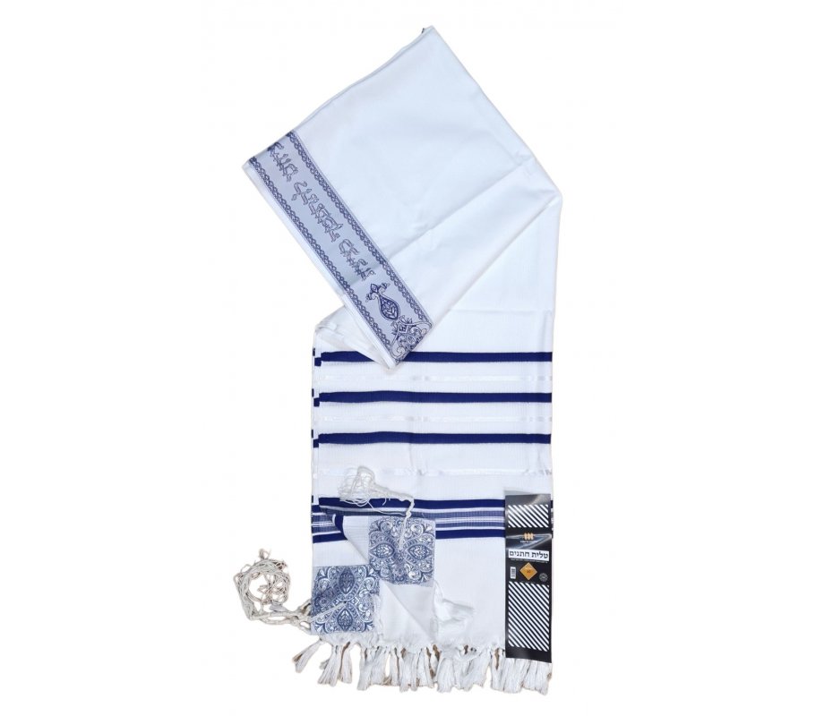 Acrylic Non-Slip Prayer Shawl, Checkerboard Textured Weave - Blue and Silver Stripes