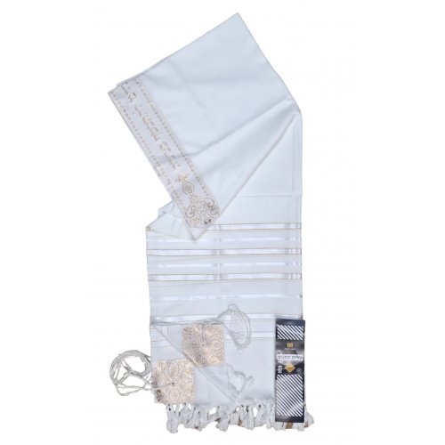 Acrylic Non-Slip Prayer Shawl, Checkerboard Textured Weave  White and Gold Stripes