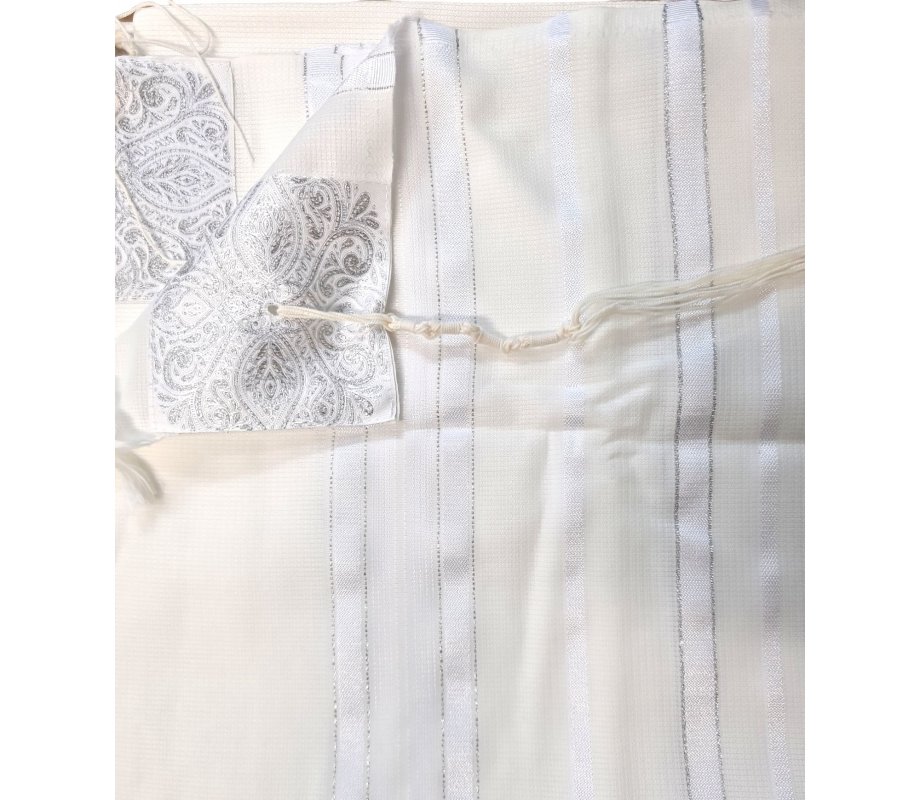 Acrylic Non-Slip Prayer Shawl, Checkerboard Textured Weave – White and Silver Stripes