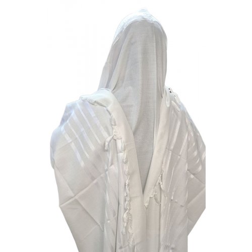 Acrylic Non-Slip Prayer Shawl, Checkerboard Textured Weave  White on White Stripes