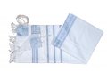 Acrylic Non-Slip Prayer Shawl, Textured Weave  Silver and Sky Blue Stripes