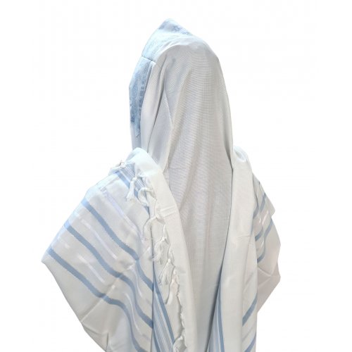 Acrylic Non-Slip Prayer Shawl, Textured Weave  Silver and Sky Blue Stripes