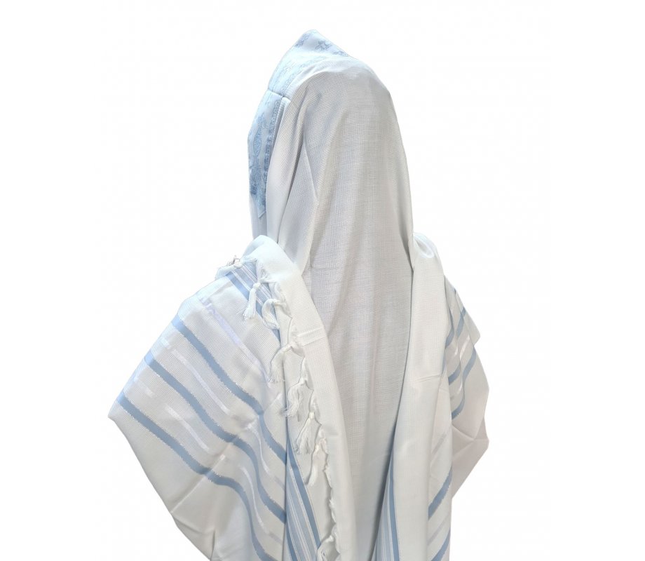 Acrylic Non-Slip Prayer Shawl, Textured Weave Silver and Sky Blue Stripes