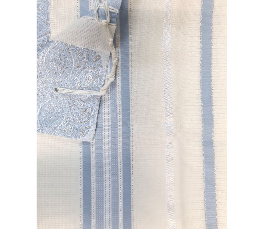 Acrylic Non-Slip Prayer Shawl, Textured Weave Silver and Sky Blue Stripes