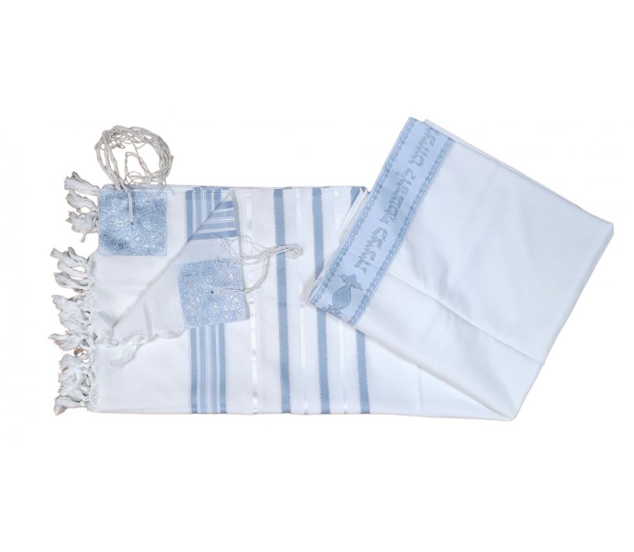 Acrylic Non-Slip Prayer Shawl, Textured Weave  Silver and Sky Blue Stripes