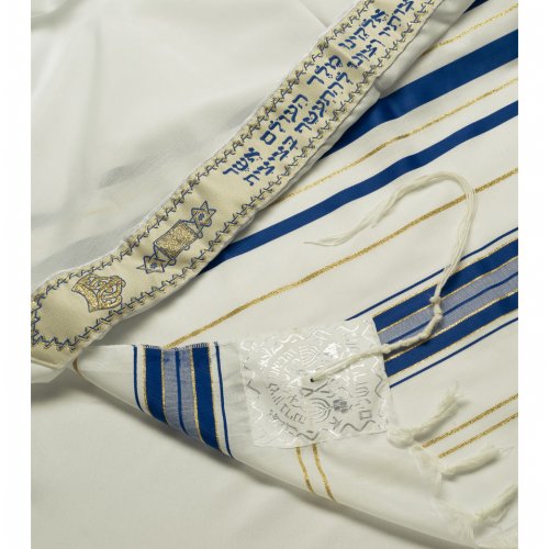 Acrylic Tallit Prayer Shawl with Blue and Gold Stripes - Talitania