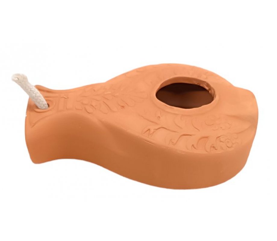 Biblical Style Clay Oil Lamp with Decorative Vine Engravings