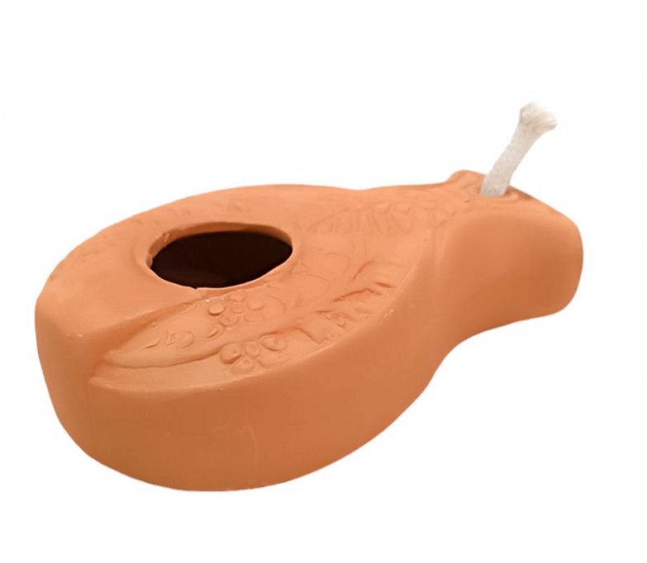 Biblical Style Clay Oil Lamp with Decorative Vine Engravings