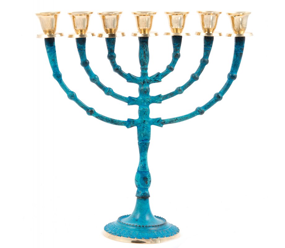 Blue Patina Seven Branch Stem Menorah with Gold Candleholders – 12