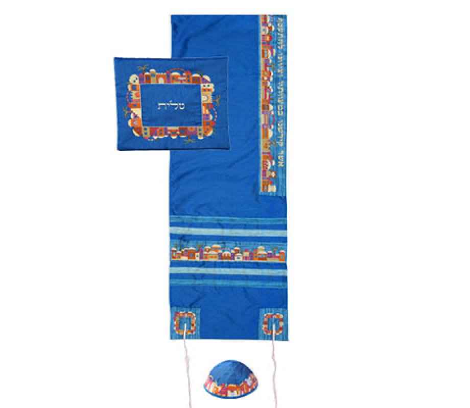 Blue Polysilk Prayer Shawl Set Embroidered Jerusalem Design - Yair Emanuel