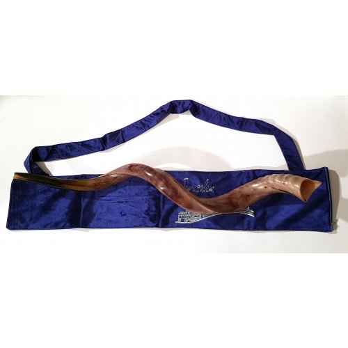 Blue Velvet Pouch for Yemenite Shofar - Silver Embroidered Jerusalem Image