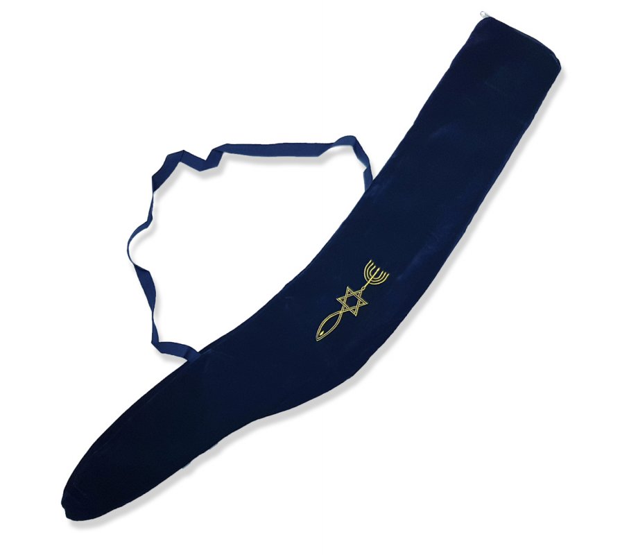Blue Velvet Shofar Pouch Embroidered Symbols - For Yemenite Shofar 36 - 46 Inches