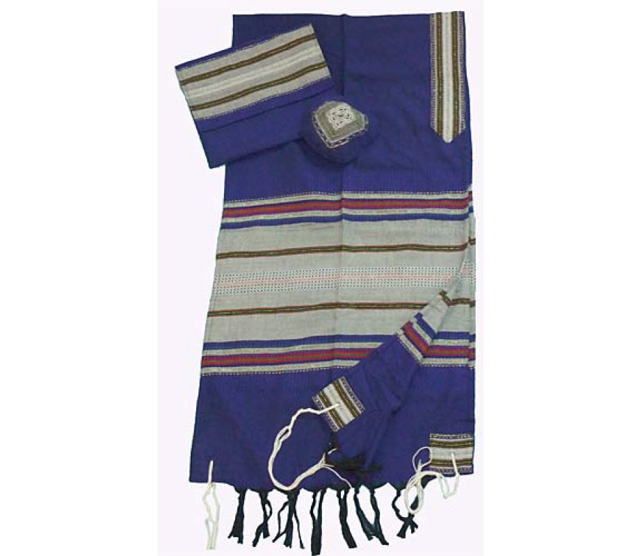 Blue with Colored Stripes Handwoven Cotton Prayer Shawl Tallit Set - Gabrieli