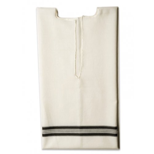 Boys and Mens White Wool Tallit Katan Without Center Fringes - Black Stripes